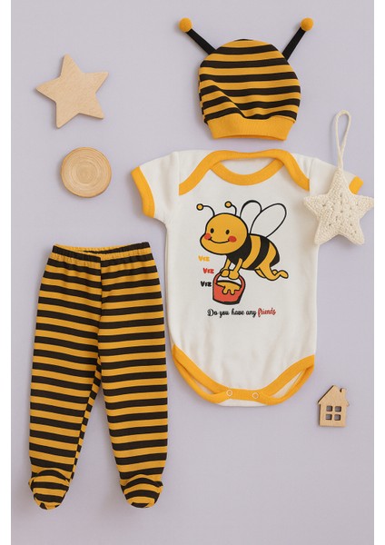 3 Lü Set %100 Pamuk 3-6 / 6-9 / 9-12 Ay Unisex Kız Erkek Arılı Zıbınlı Takım