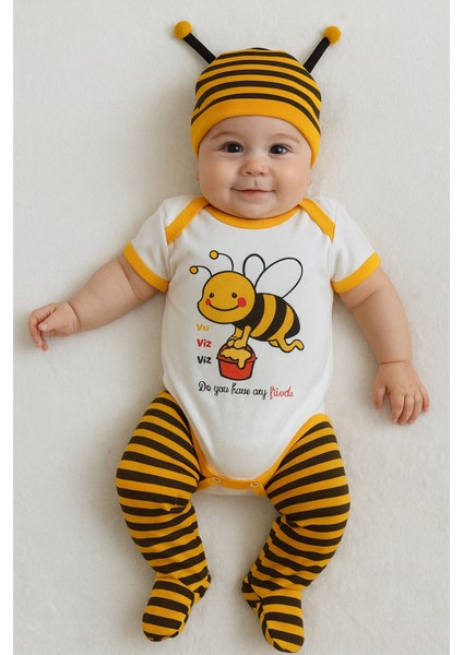 3 Lü Set %100 Pamuk 3-6 / 6-9 / 9-12 Ay Unisex Kız Erkek Arılı Zıbınlı Takım modelleri