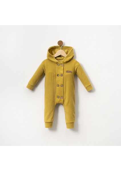 Düğme Arma Deaylı Kapşonlu Bebe Tulum 6 - 9 Aylık - Hardal