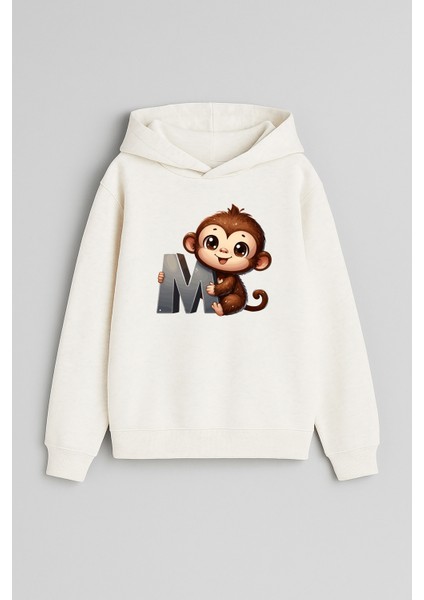 M Harfi Maymun Baskılı Ekru Kız Erkek Çocuk Kapüşonlu Sweatshirt