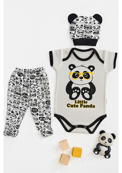 3 Lü Set %100 Pamuk 3-6 / 6-9 / 9-12 Ay Unisex Kız Erkek Pandalı Zıbınlı Takım