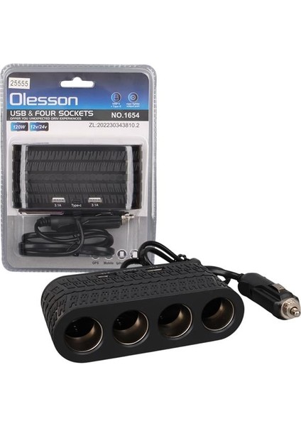 Olesson 1654 12-24V Çift USB - Type-C 120W 80CM Kablolu 4'lü Araç Çakmak Çoklayıcı