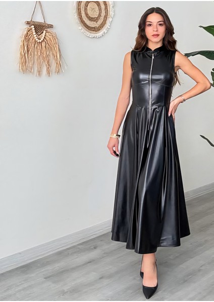 Hakim Yaka Fermuarlı Suni Deri Elbise