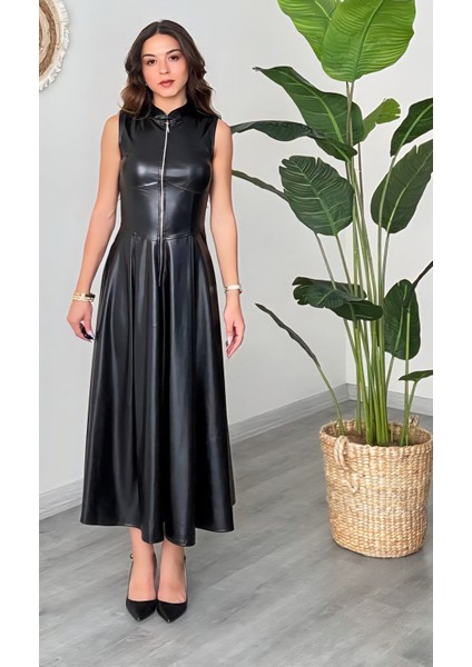 Hakim Yaka Fermuarlı Suni Deri Elbise fiyatları