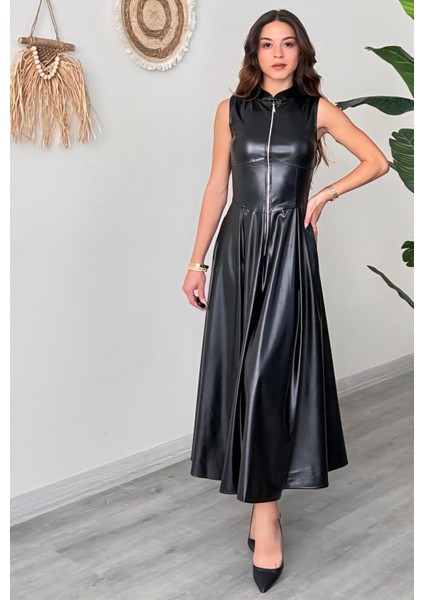 Hakim Yaka Fermuarlı Suni Deri Elbise modelleri