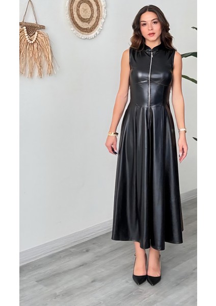 Hakim Yaka Fermuarlı Suni Deri Elbise fırsatları