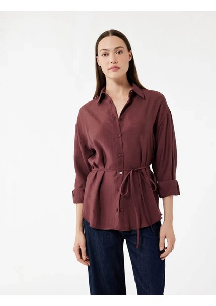 Beli Bağlama Detaylı Oversize Bordo Kadın Gömlek 6WAK60017PW