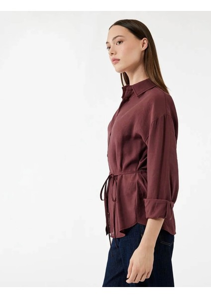 Beli Bağlama Detaylı Oversize Bordo Kadın Gömlek 6WAK60017PW fiyatları