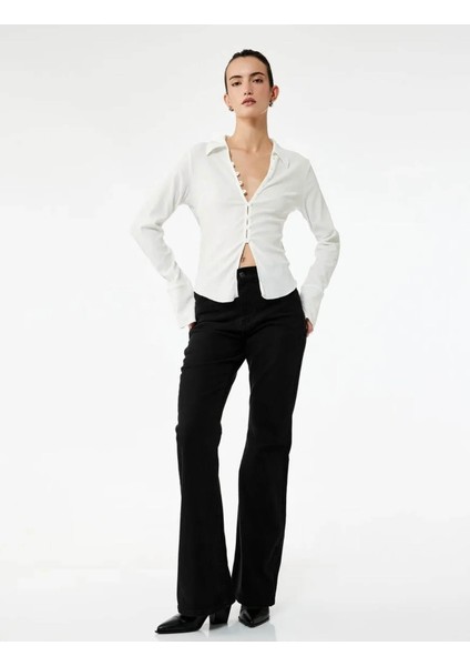 Yüksek Bel Ispanyol Paça Flare Siyah Kadın Pantolon 6WAL40007MW