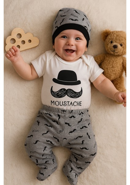 3 Lü Set %100 Pamuk 3-6 / 6-9 / 9-12 Ay Erkek Bebek Bıyıklı Zıbınlı Takım fiyatları