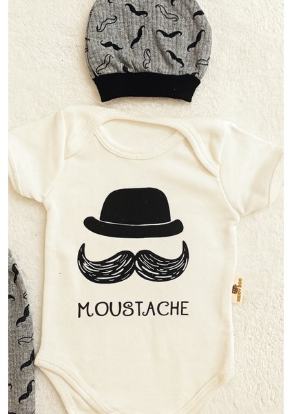 3 Lü Set %100 Pamuk 3-6 / 6-9 / 9-12 Ay Erkek Bebek Bıyıklı Zıbınlı Takım modelleri
