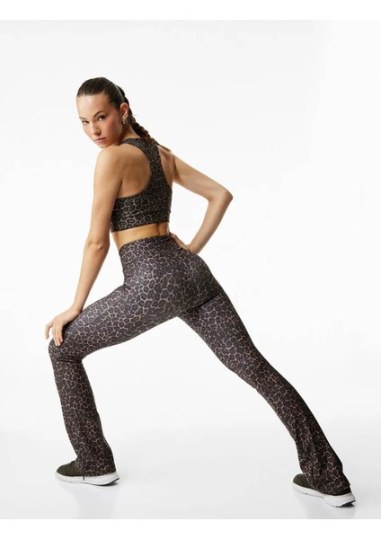 Leopar Desenli Ispanyol Paça Spor Kahverengi Kadın Tayt 6WAK40020NK