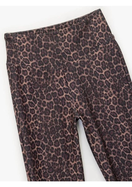 Leopar Desenli Ispanyol Paça Spor Kahverengi Kadın Tayt 6WAK40020NK modelleri