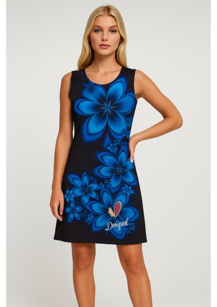 Desigual Mavi Çiçek Desenli Kolsuz Elbise – Yazlık Şık Mini Elbise
