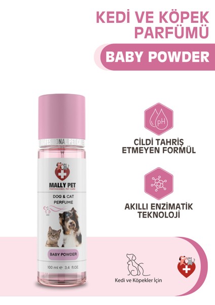 Mally Pet Professional Kedi ve Köpek Parfümü 100 ml Bebek Pudrası Kokulu Evcil Hayvan Spreyi fırsatları