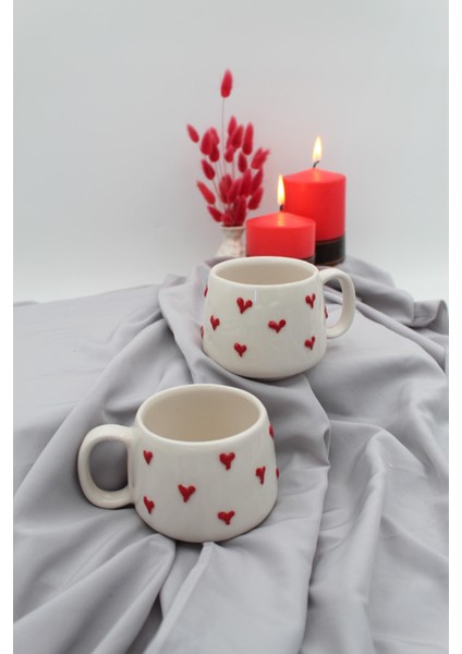 El Yapımı Kırmızı Seramik Kupa Fincan 2 Kişiliktir