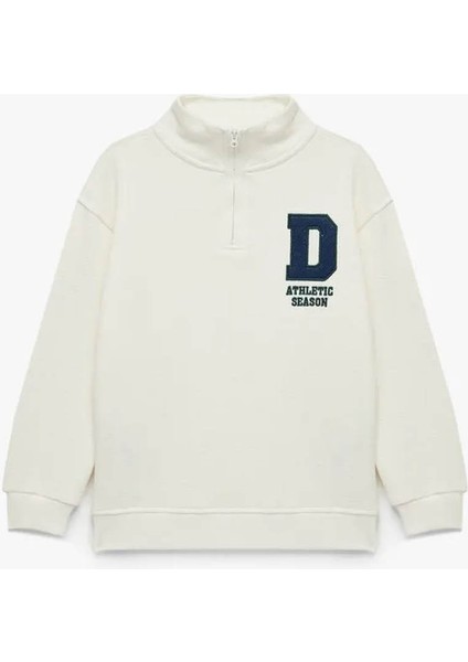 Nakışlı Yarım Fermuarlı Beyaz Erkek Çocuk Sweatshirt 6WKB10152TK
