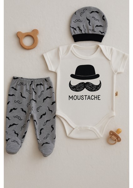3 Lü Set %100 Pamuk 3-6 / 6-9 / 9-12 Ay Erkek Bebek Bıyıklı Zıbınlı Takım