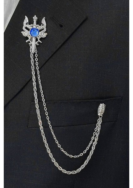Gümüş Renk Retro Ejderha ve Kılıç Ceket & Damatlık & Blazer Zincirli Yaka Aksesuarı & Iğnesi
