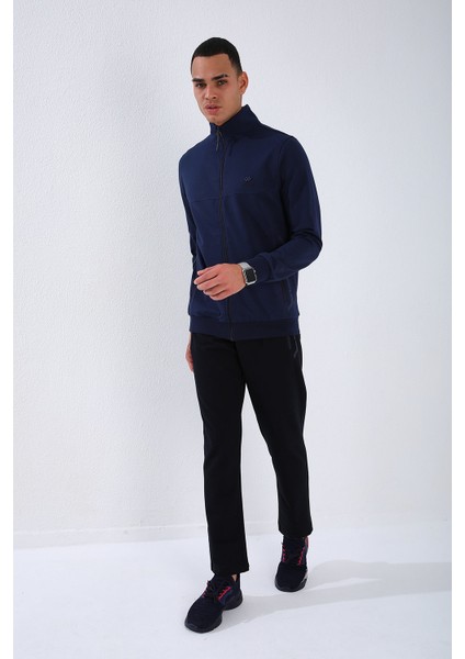 İndigo - Lacivert Dik Yaka Fermuarlı Standart Kalıp Klasik Paça Erkek Eşofman Takımı - 85152