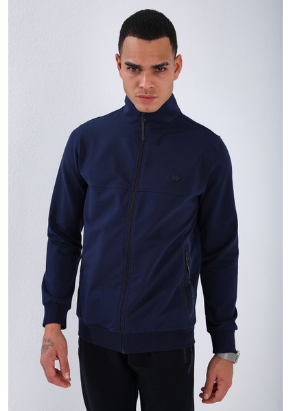 İndigo - Lacivert Dik Yaka Fermuarlı Standart Kalıp Klasik Paça Erkek Eşofman Takımı - 85152 modelleri