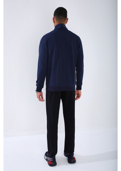 İndigo - Lacivert Dik Yaka Fermuarlı Standart Kalıp Klasik Paça Erkek Eşofman Takımı - 85152 indirimleri