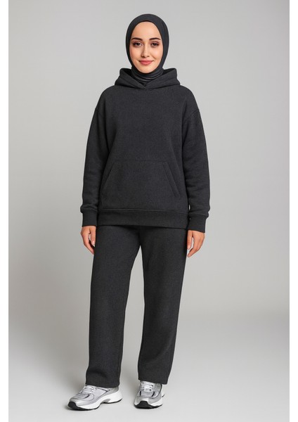 Tesettür Antrasit Renk 2 Iplik Sweatshirt ve Pantolon Eşofman Takımı Normal ve Büyük Beden