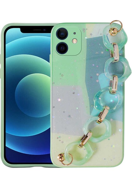 iPhone 12 Uyumlu Simli Desenli El Askılı Tutacaklı Tkdw Elsa Silikon Kapak-Yeşil