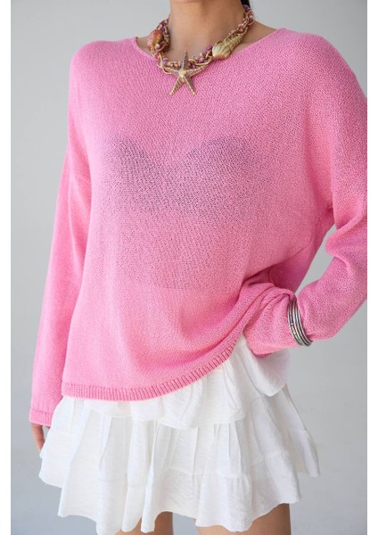 Kadın Ince Triko Kazak – Pembe & Sarı, Yuvarlak Yaka, Hafif Salaş Fit