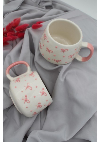 El Yapımı Seramik Pembe Fiyonk Kupa Fincan 2 Adettir