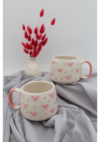 El Yapımı Seramik Pembe Fiyonk Kupa Fincan 2 Adettir modelleri