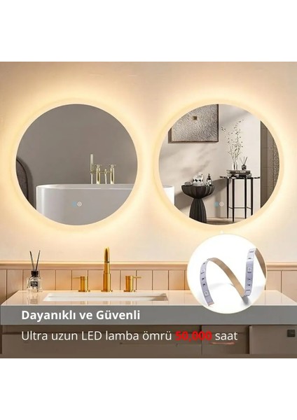 LED Işıklı Yuvarlak Banyo Aynası - Buğu Önleyici, Ön ve Arka Aydınlatmalı Ayna - 3 Farklı Renk Seçeneğiyle Ayarlanabilir Parlaklık ve Hafıza