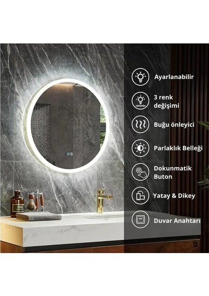 LED Işıklı Yuvarlak Banyo Aynası - Buğu Önleyici, Ön ve Arka Aydınlatmalı Ayna - 3 Farklı Renk Seçeneğiyle Ayarlanabilir Parlaklık ve Hafıza