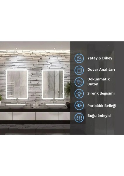 LED Işıklı Dikdörtgen Banyo Aynası - Buğu Önleyici, Ön ve Arka Aydınlatmalı Ayna - 3 Farklı Renk Seçeneğiyle Ayarlanabilir Parlaklık ve Hafıza modelleri