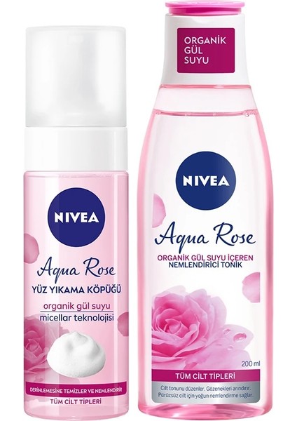 Aqua Rose Organik Gül Suyu Içeren Yüz Yıkama Köpüğü 150 ml ve Nemlendirici Tonik 200 ml