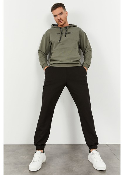 Çağla - Siyah Kapüşonlu Kanguru Cep Lastik Paça Erkek Oversize Eşofman Takımı - 85117