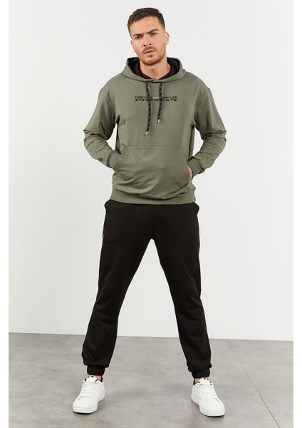 Çağla - Siyah Kapüşonlu Kanguru Cep Lastik Paça Erkek Oversize Eşofman Takımı - 85117