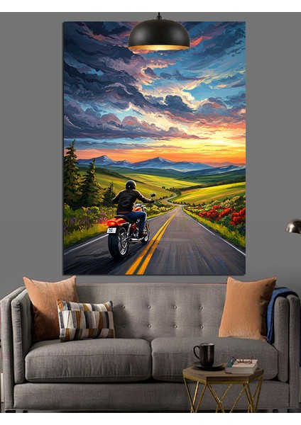 Yolda Motosikletçi Gün Batımı Dekoratif Kanvas - Mdf Ahşap Tablo