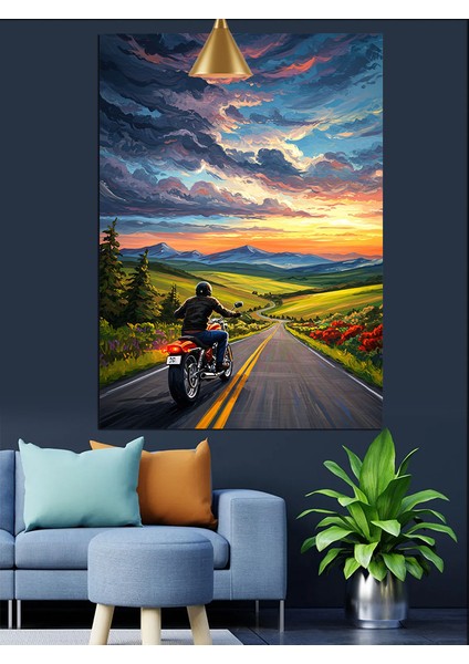 Yolda Motosikletçi Gün Batımı Dekoratif Kanvas - Mdf Ahşap Tablo fiyatları