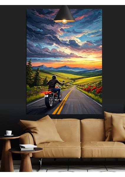 Yolda Motosikletçi Gün Batımı Dekoratif Kanvas - Mdf Ahşap Tablo modelleri