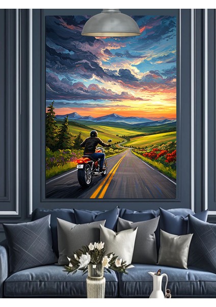 Yolda Motosikletçi Gün Batımı Dekoratif Kanvas - Mdf Ahşap Tablo indirimleri