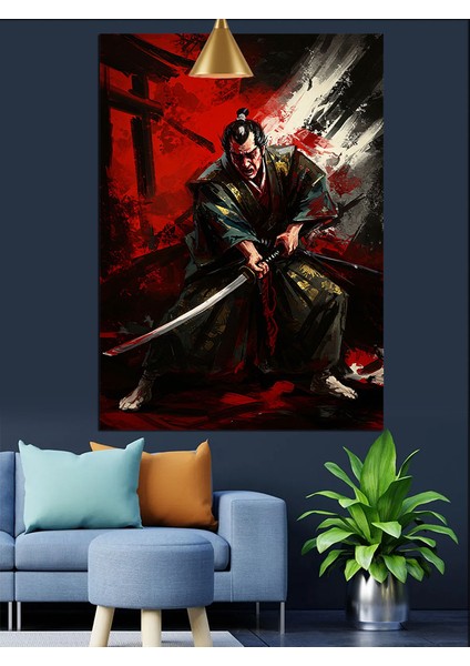 Kılıçlı Kırmızı Savaşçı Dekoratif Kanvas - Mdf Ahşap Tablo