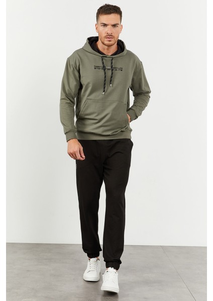 Çağla - Siyah Kapüşonlu Kanguru Cep Lastik Paça Erkek Oversize Eşofman Takımı - 85117