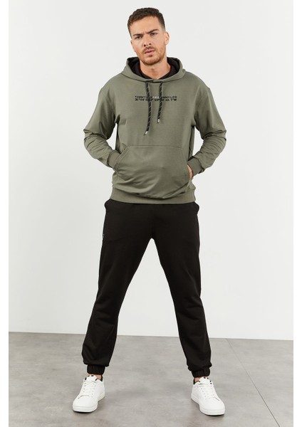Çağla - Siyah Kapüşonlu Kanguru Cep Lastik Paça Erkek Oversize Eşofman Takımı - 85117