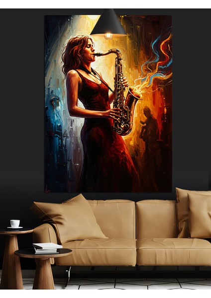 Saksafon Çalan Kadın Dekoratif Kanvas - Mdf Ahşap Tablo