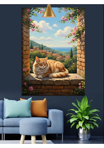 Taş Duvar ve Kedi Dekoratif Kanvas - Mdf Ahşap Tablo