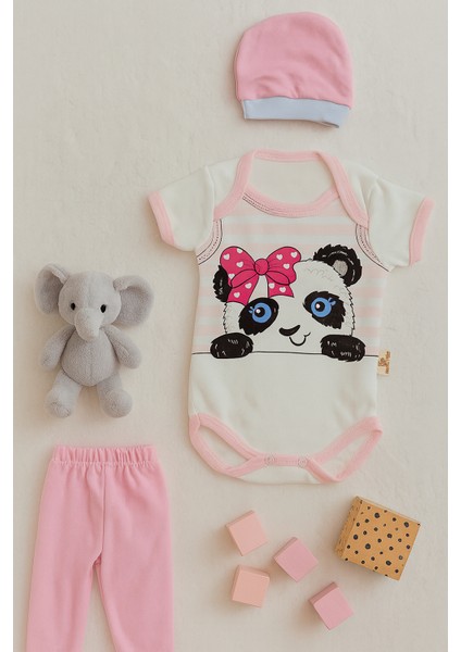 3 Lü Set %100 Pamuk 3-6 / 6-9 / 9-12 Ay Kız Pembe Pandalı Zıbınlı Takım