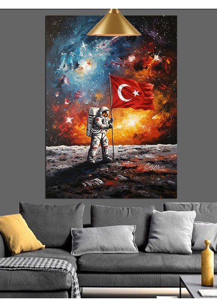 Bayraklı Uzay Astronot Dekoratif Kanvas - Mdf Ahşap Tablo