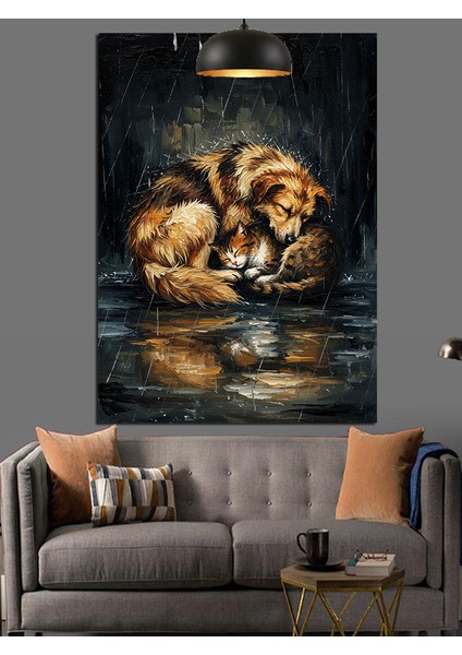 Yağmurda Yatan Köpek ve Kedi Dekoratif Kanvas - Mdf Ahşap Tablo