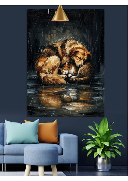 Yağmurda Yatan Köpek ve Kedi Dekoratif Kanvas - Mdf Ahşap Tablo fiyatları